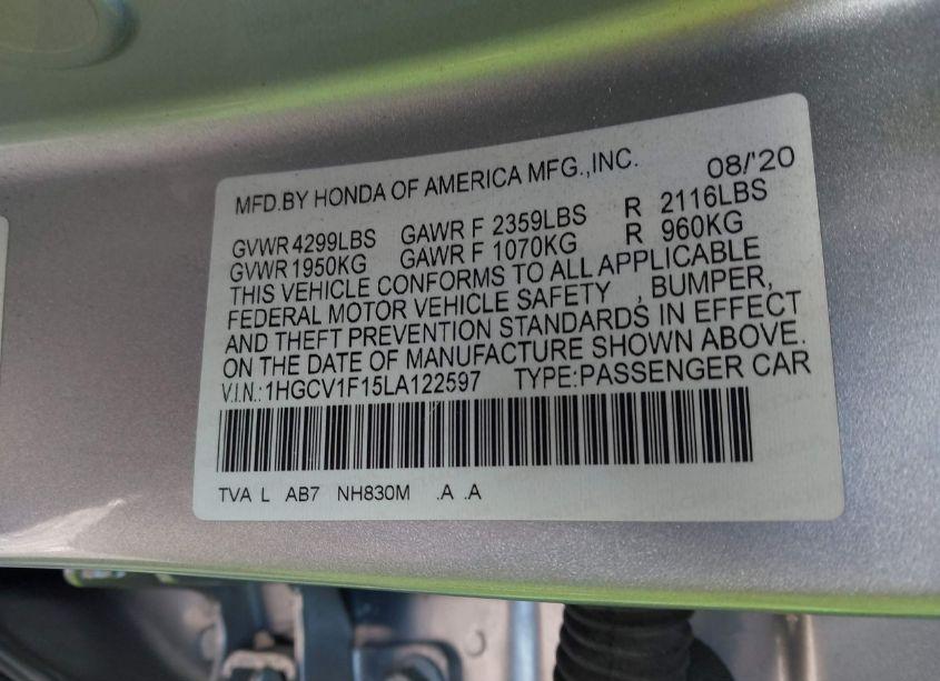 Photo 9 of 2020 Honda Accord LX (VIN 1HGCV1F15LA122597)