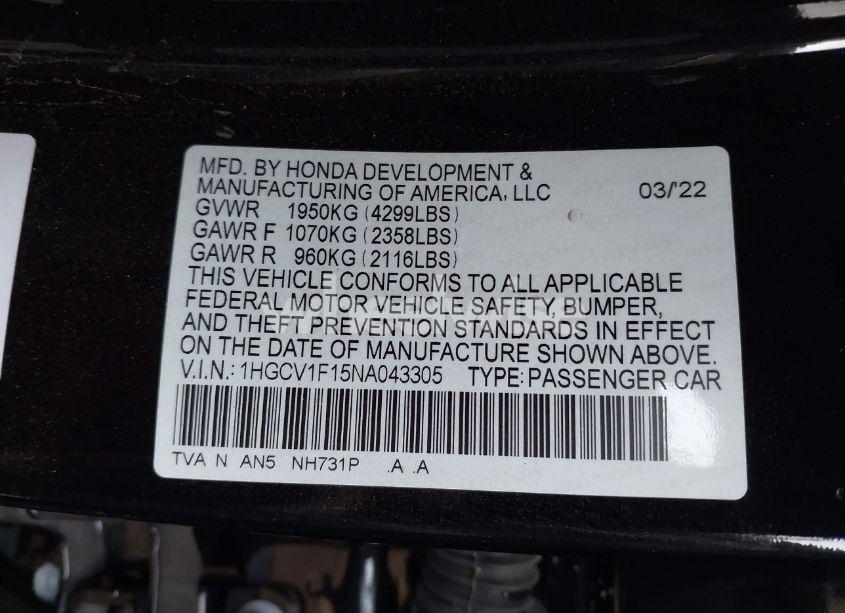 Photo 9 of 2022 Honda Accord LX (VIN 1HGCV1F15NA043305)