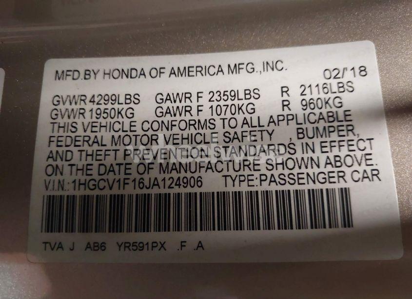 Photo 9 of 2018 Honda Accord LX (VIN 1HGCV1F16JA124906)