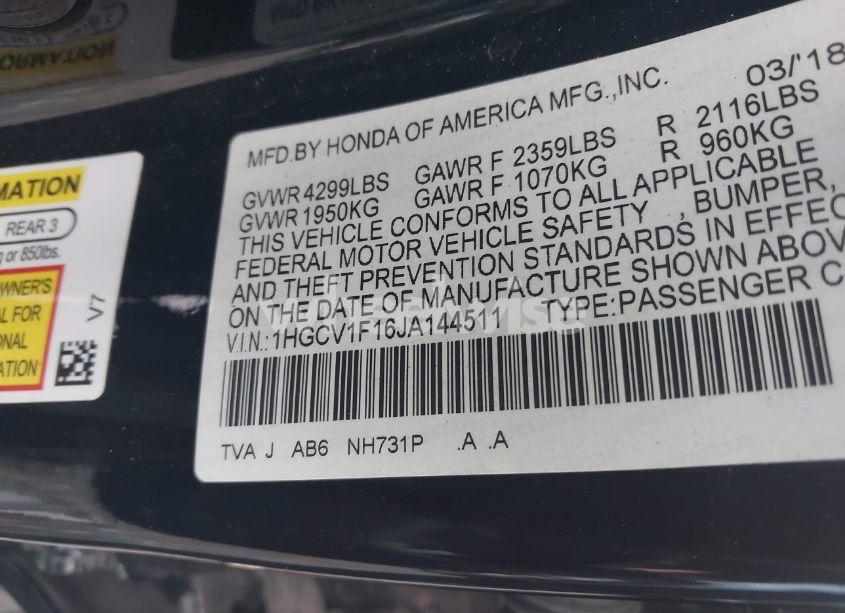 Photo 9 of 2018 Honda Accord LX (VIN 1HGCV1F16JA144511)