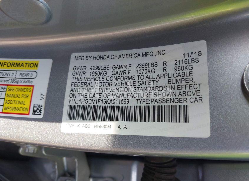 Photo 9 of 2019 Honda Accord LX (VIN 1HGCV1F16KA011569)