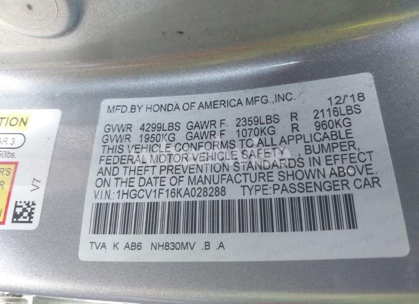 Photo 9 of 2019 Honda Accord LX (VIN 1HGCV1F16KA028288)