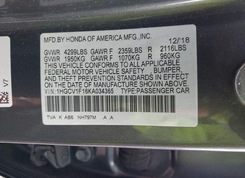 Photo 9 of 2019 Honda Accord LX (VIN 1HGCV1F16KA034365)