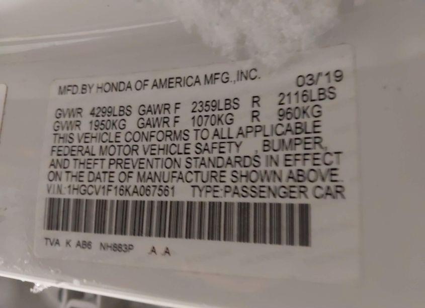 Photo 9 of 2019 Honda Accord LX (VIN 1HGCV1F16KA067561)