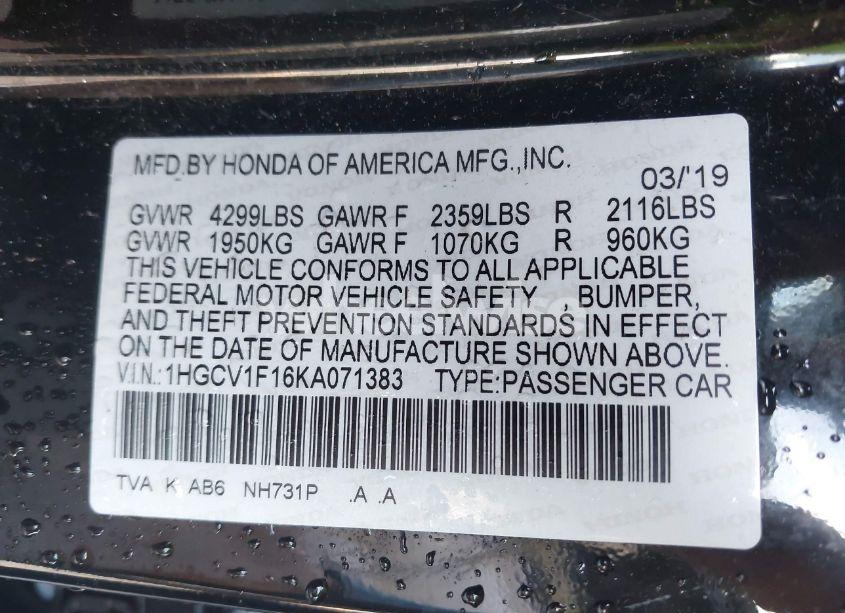 Photo 9 of 2019 Honda Accord LX (VIN 1HGCV1F16KA071383)