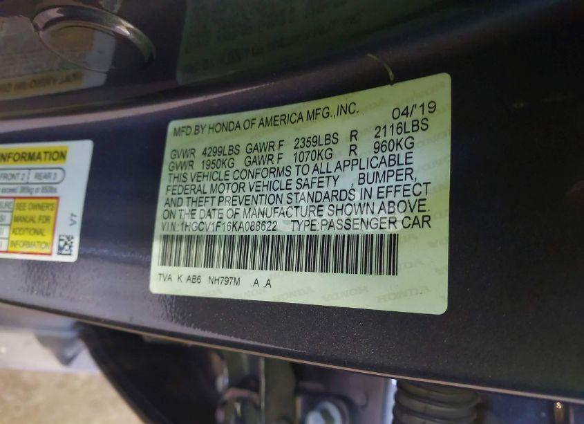 Photo 9 of 2019 Honda Accord LX (VIN 1HGCV1F16KA088622)