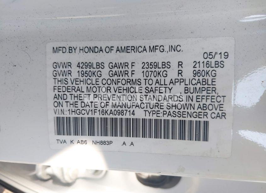 Photo 9 of 2019 Honda Accord LX (VIN 1HGCV1F16KA098714)