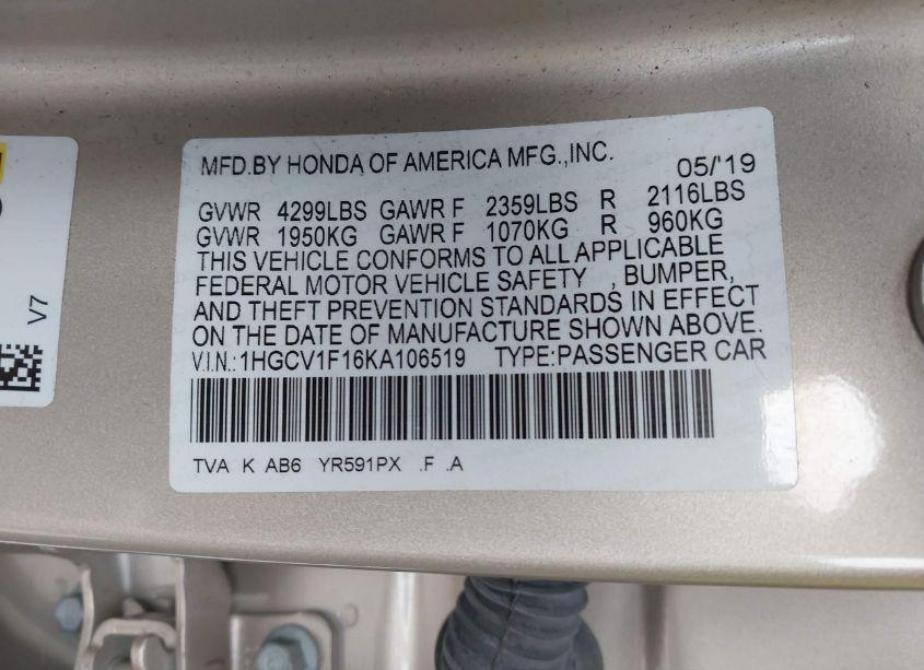 Photo 9 of 2019 Honda Accord LX (VIN 1HGCV1F16KA106519)