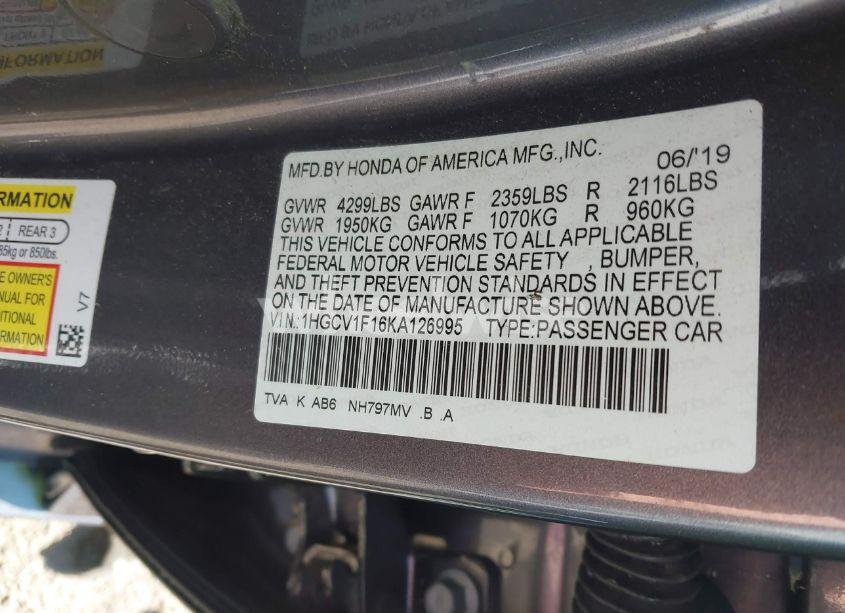 Photo 9 of 2019 Honda Accord LX (VIN 1HGCV1F16KA126995)