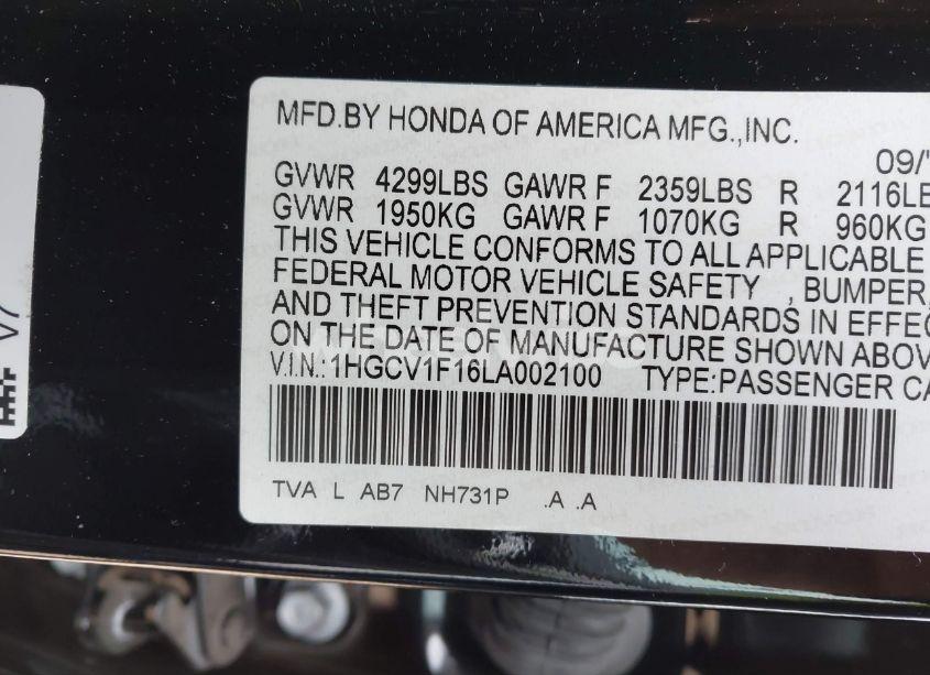 Photo 9 of 2020 Honda Accord LX (VIN 1HGCV1F16LA002100)
