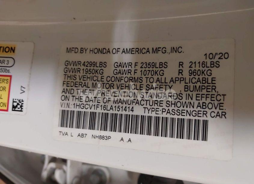 Photo 9 of 2020 Honda Accord LX (VIN 1HGCV1F16LA151414)