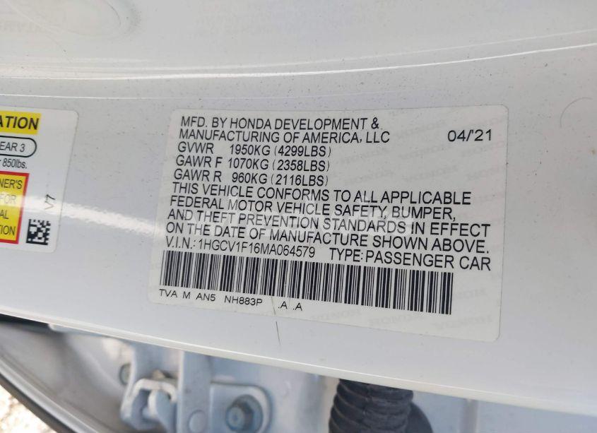 Photo 9 of 2021 Honda Accord LX (VIN 1HGCV1F16MA064579)