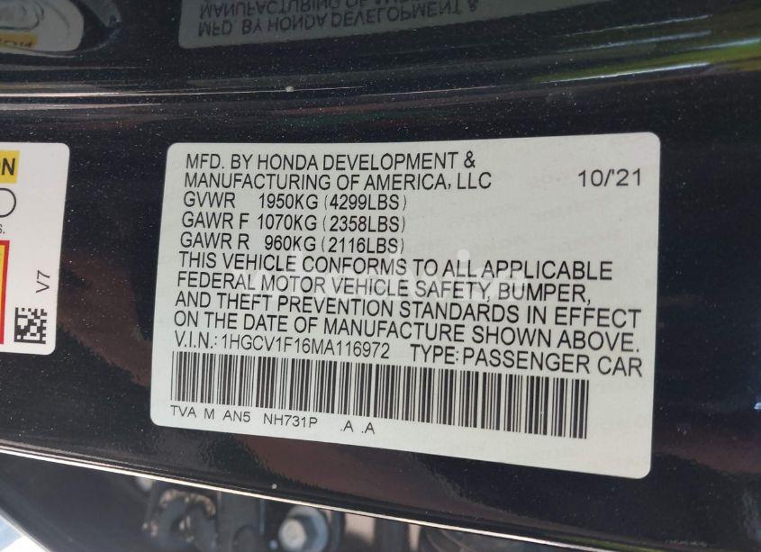 Photo 9 of 2021 Honda Accord LX (VIN 1HGCV1F16MA116972)