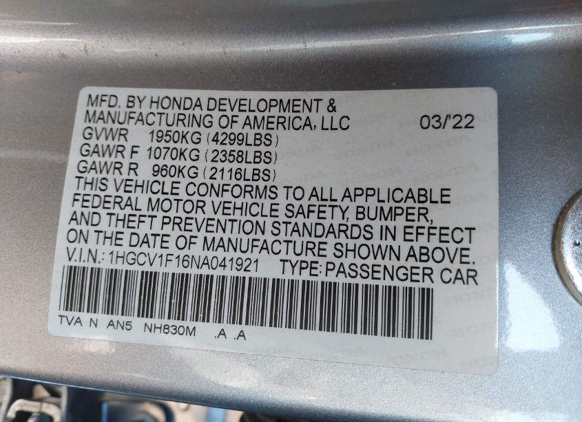 Photo 9 of 2022 Honda Accord LX (VIN 1HGCV1F16NA041921)