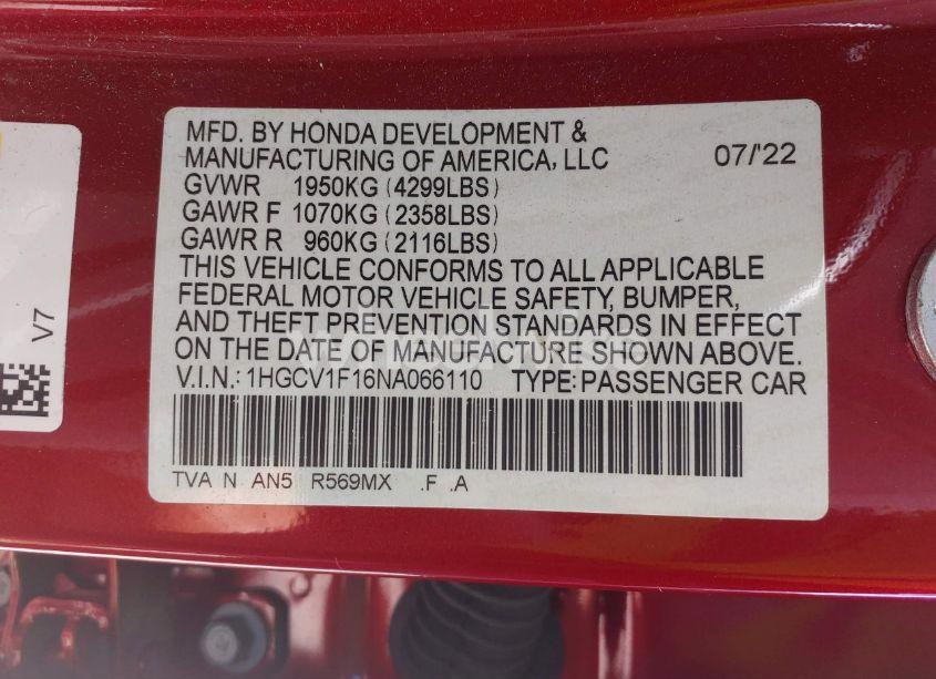 Photo 9 of 2022 Honda Accord LX (VIN 1HGCV1F16NA066110)
