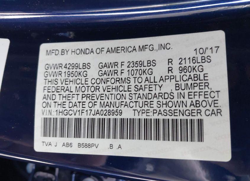 Photo 9 of 2018 Honda Accord LX (VIN 1HGCV1F17JA028959)