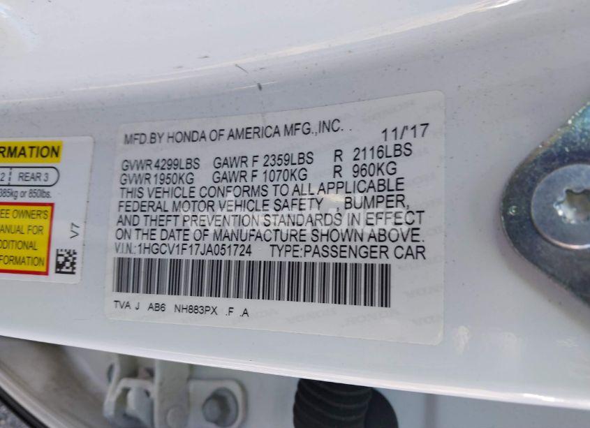 Photo 9 of 2018 Honda Accord LX (VIN 1HGCV1F17JA051724)