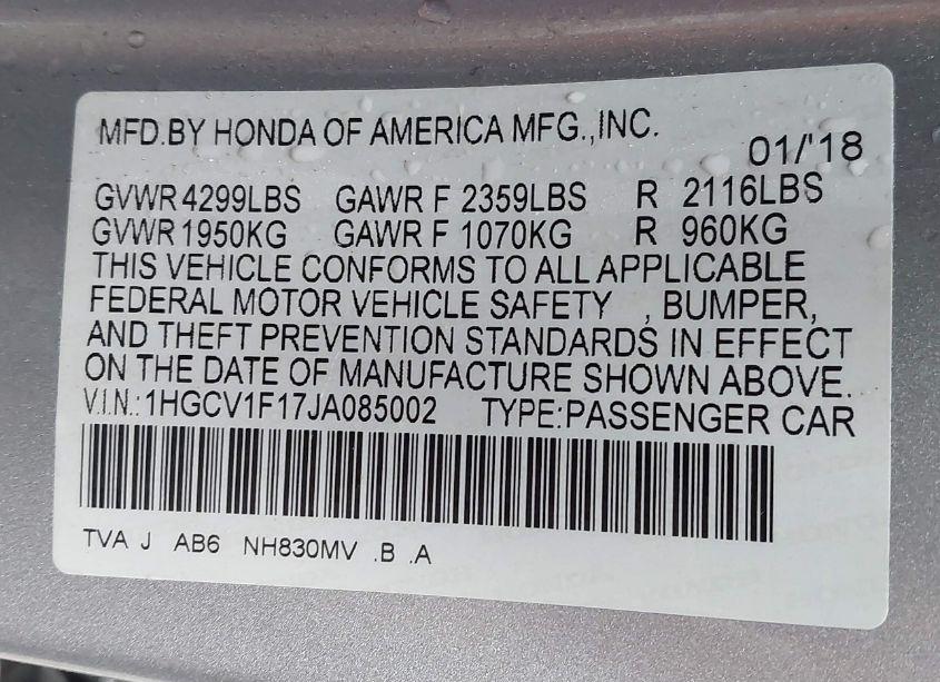 Photo 9 of 2018 Honda Accord LX (VIN 1HGCV1F17JA085002)