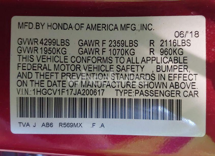 Photo 9 of 2018 Honda Accord LX (VIN 1HGCV1F17JA200617)