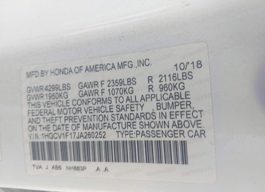 Photo 9 of 2018 Honda Accord LX (VIN 1HGCV1F17JA260252)