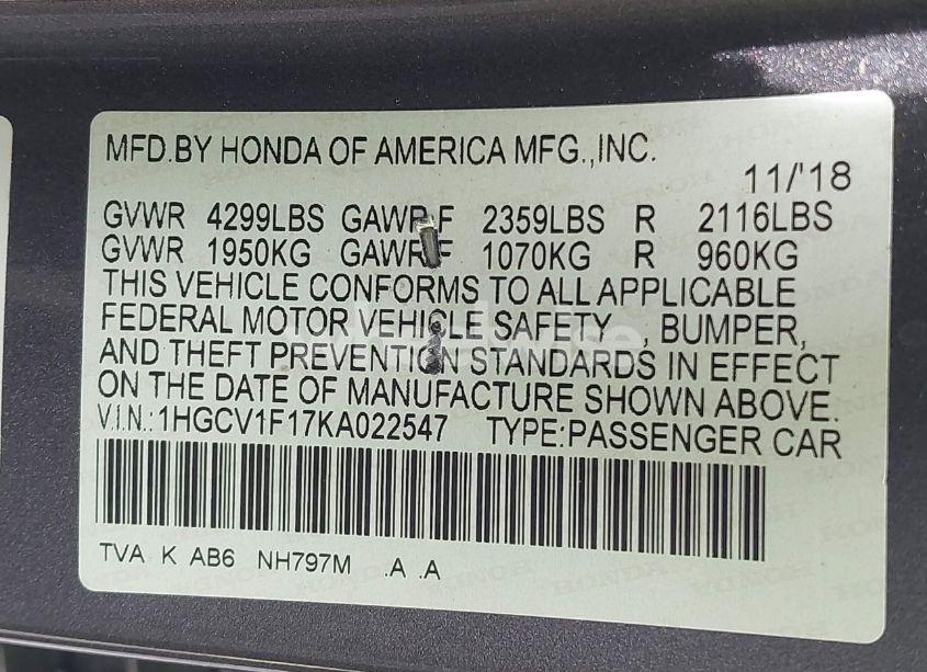 Photo 9 of 2019 Honda Accord LX (VIN 1HGCV1F17KA022547)