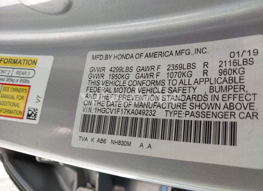 Photo 9 of 2019 Honda Accord LX (VIN 1HGCV1F17KA049232)