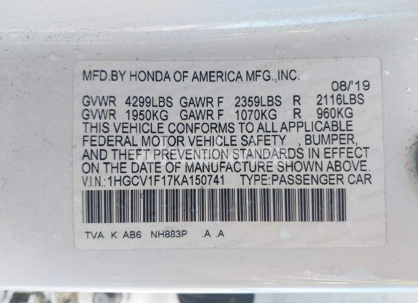 Photo 9 of 2019 Honda Accord LX (VIN 1HGCV1F17KA150741)