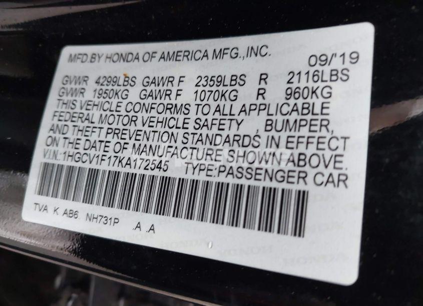 Photo 9 of 2019 Honda Accord LX (VIN 1HGCV1F17KA172545)