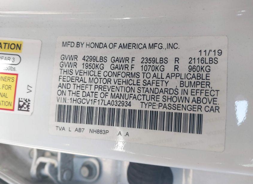 Photo 9 of 2020 Honda Accord LX (VIN 1HGCV1F17LA032934)