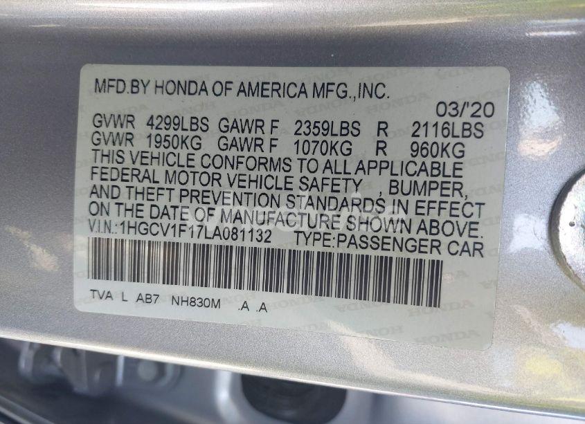 Photo 9 of 2020 Honda Accord LX (VIN 1HGCV1F17LA081132)