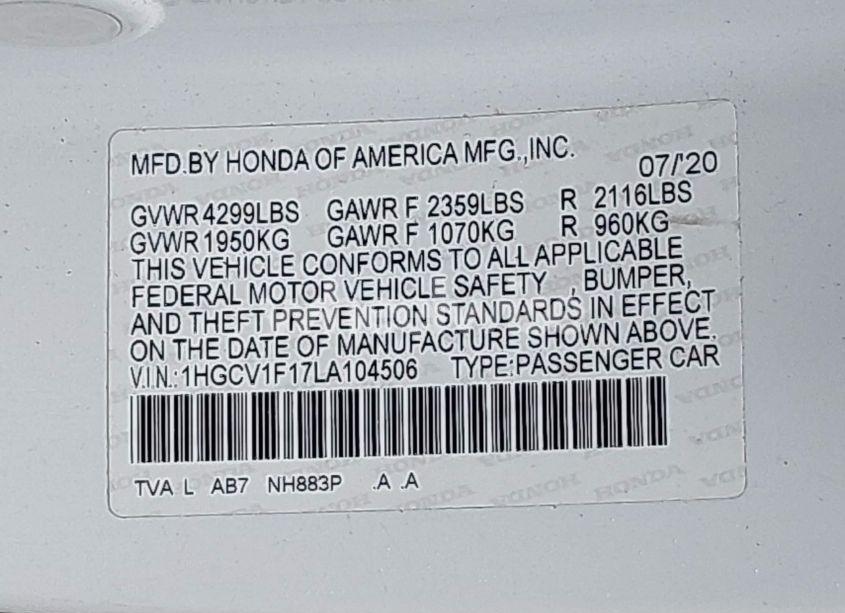 Photo 9 of 2020 Honda Accord LX (VIN 1HGCV1F17LA104506)