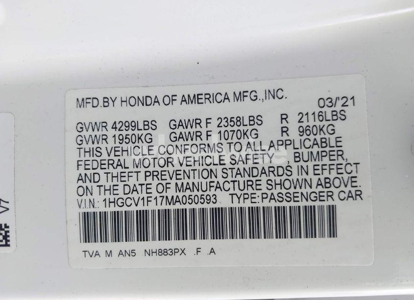 Photo 9 of 2021 Honda Accord LX (VIN 1HGCV1F17MA050593)