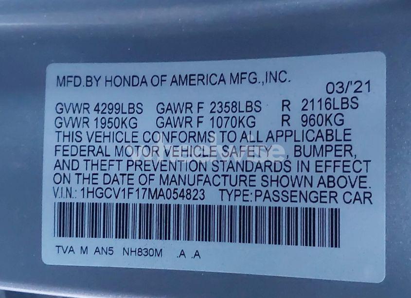 Photo 9 of 2021 Honda Accord LX (VIN 1HGCV1F17MA054823)