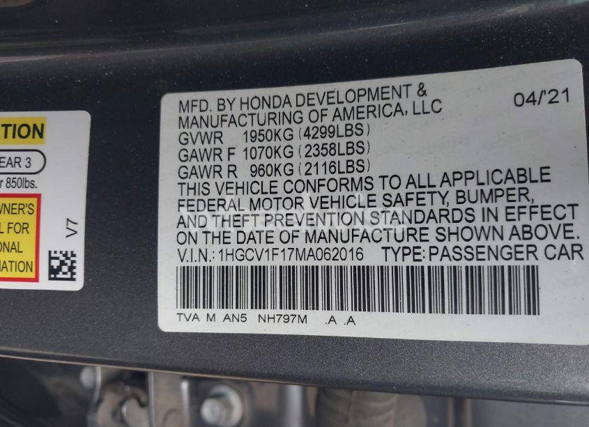 Photo 9 of 2021 Honda Accord LX (VIN 1HGCV1F17MA062016)