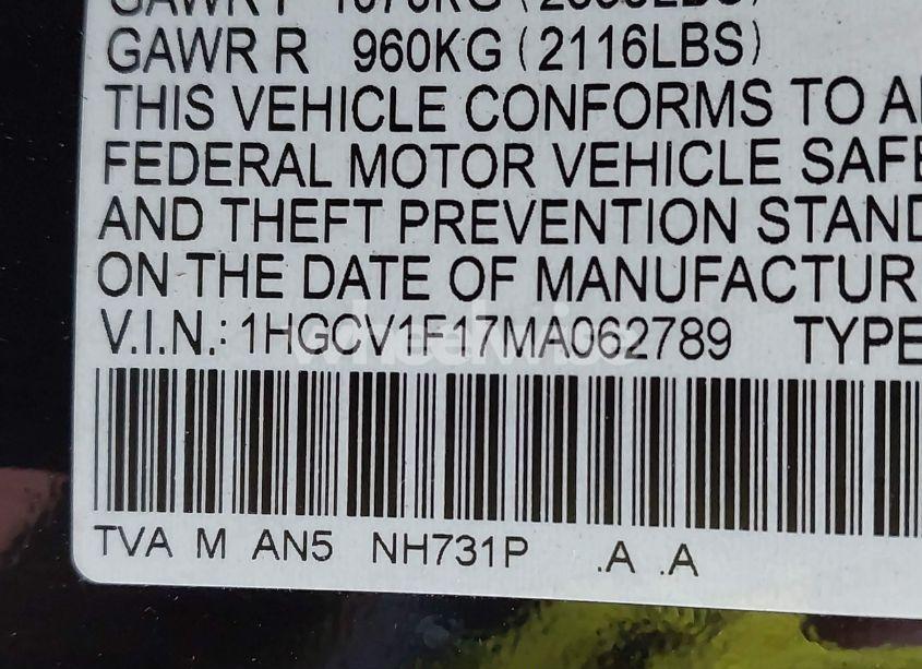 Photo 9 of 2021 Honda Accord LX (VIN 1HGCV1F17MA062789)
