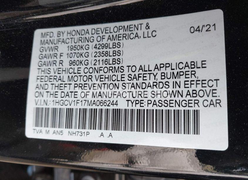 Photo 9 of 2021 Honda Accord LX (VIN 1HGCV1F17MA066244)