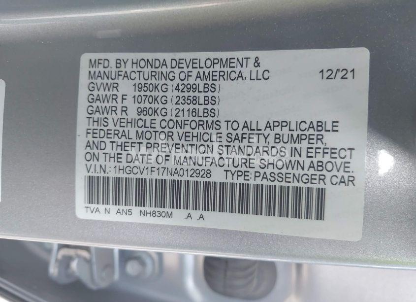 Photo 9 of 2022 Honda Accord LX (VIN 1HGCV1F17NA012928)