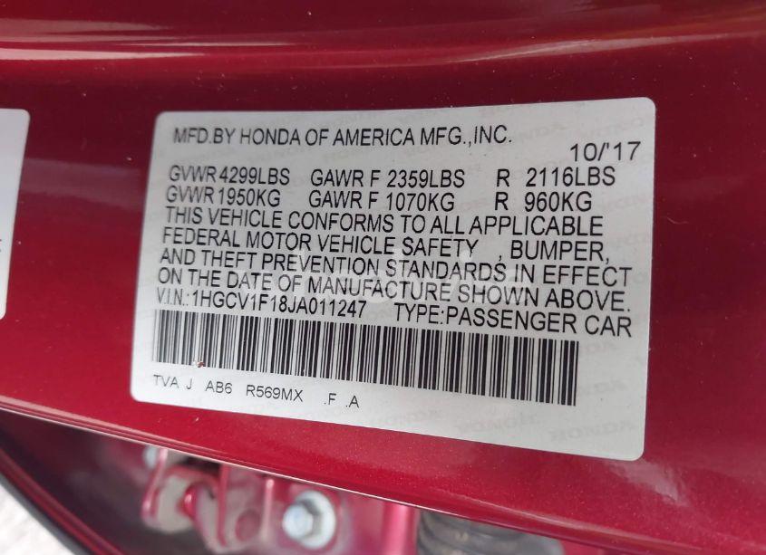 Photo 9 of 2018 Honda Accord LX (VIN 1HGCV1F18JA011247)