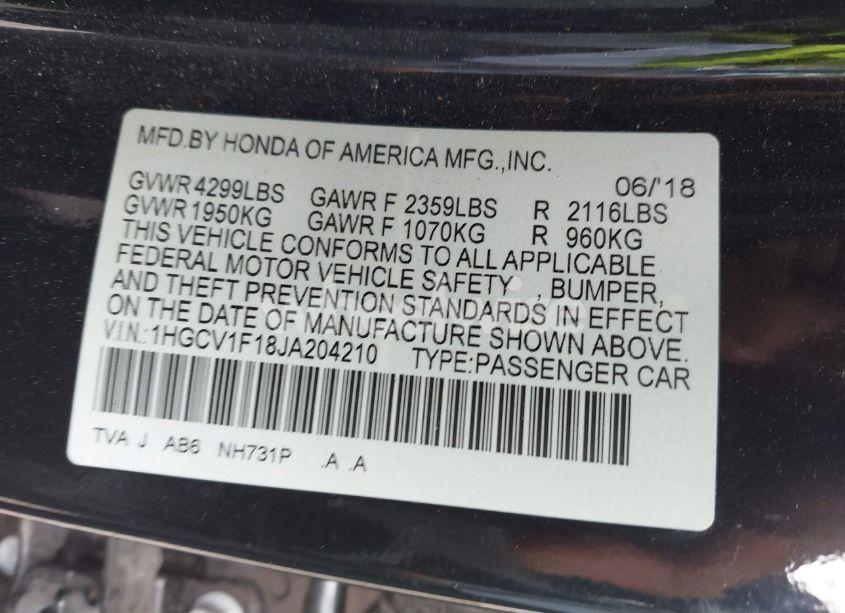 Photo 9 of 2018 Honda Accord LX (VIN 1HGCV1F18JA204210)