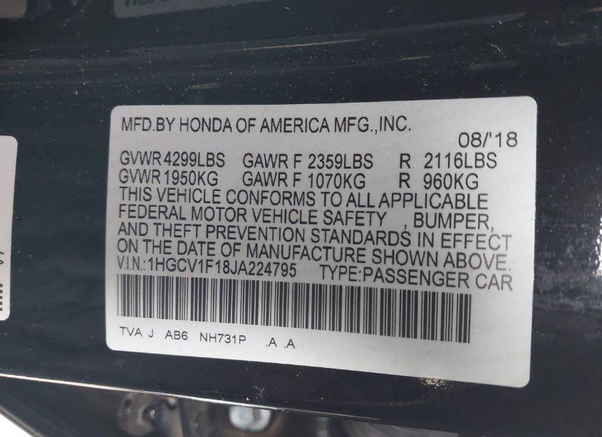 Photo 9 of 2018 Honda Accord LX (VIN 1HGCV1F18JA224795)