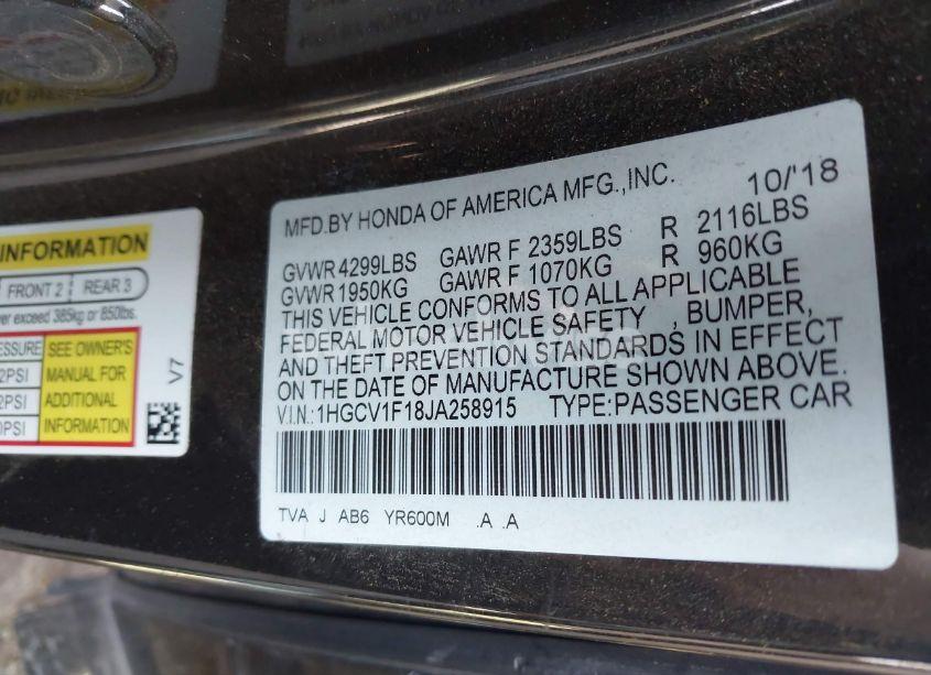 Photo 9 of 2018 Honda Accord LX (VIN 1HGCV1F18JA258915)