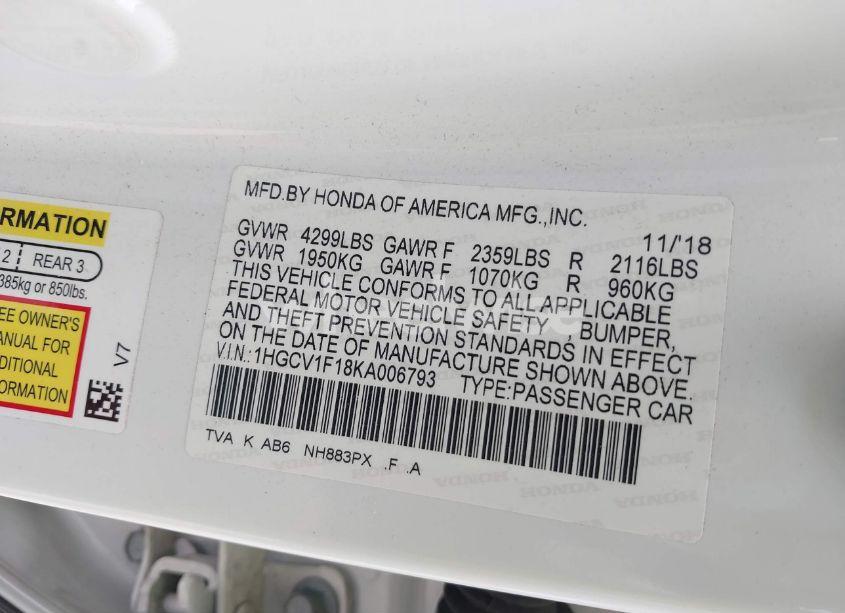 Photo 9 of 2019 Honda Accord LX (VIN 1HGCV1F18KA006793)