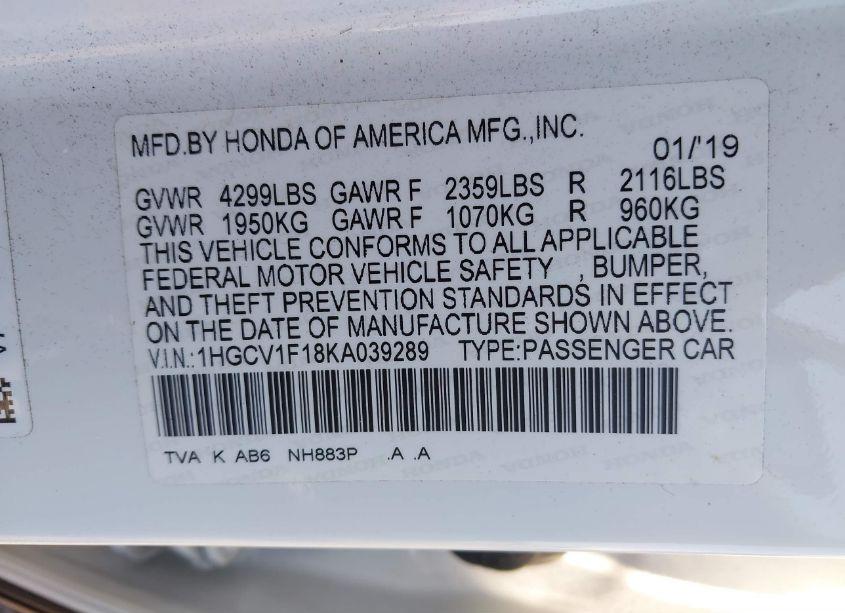 Photo 9 of 2019 Honda Accord LX (VIN 1HGCV1F18KA039289)