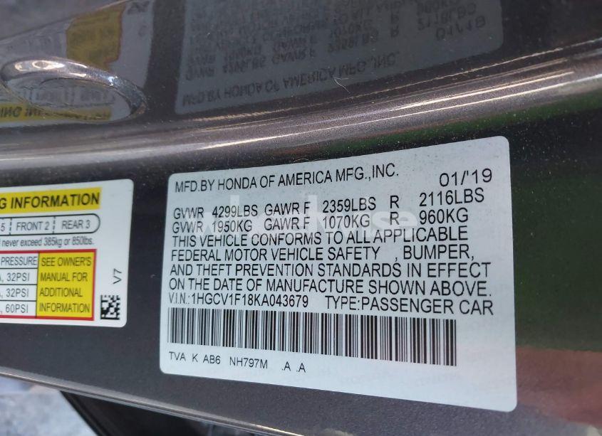 Photo 9 of 2019 Honda Accord LX (VIN 1HGCV1F18KA043679)