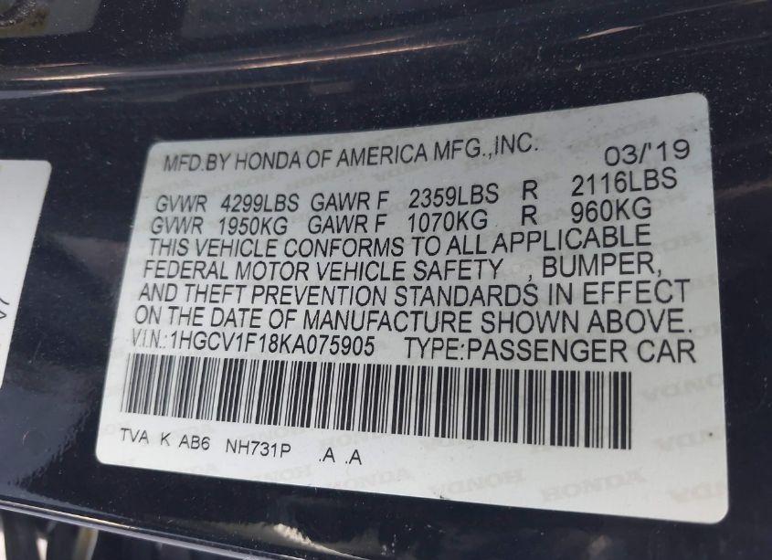 Photo 9 of 2019 Honda Accord LX (VIN 1HGCV1F18KA075905)