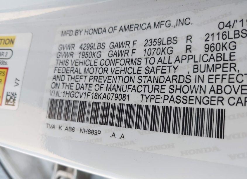 Photo 9 of 2019 Honda Accord LX (VIN 1HGCV1F18KA079081)