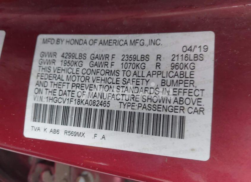Photo 9 of 2019 Honda Accord LX (VIN 1HGCV1F18KA082465)