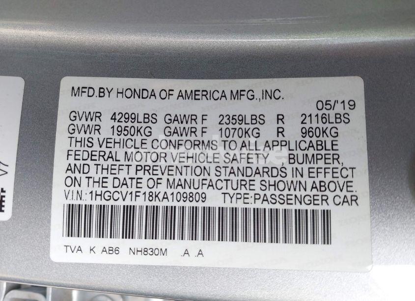 Photo 9 of 2019 Honda Accord LX (VIN 1HGCV1F18KA109809)