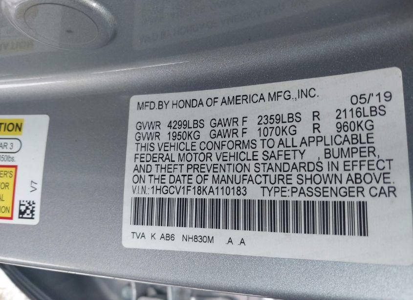 Photo 9 of 2019 Honda Accord LX (VIN 1HGCV1F18KA110183)