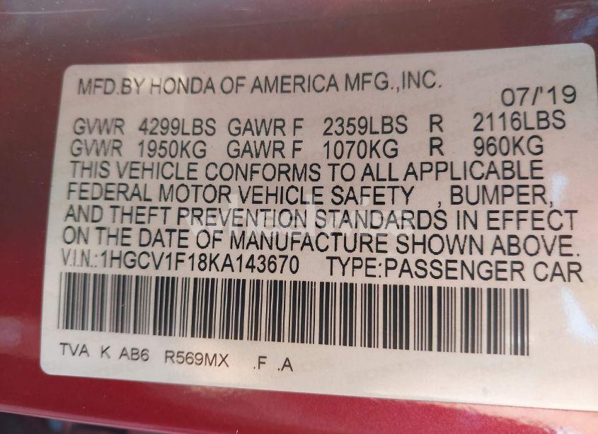 Photo 9 of 2019 Honda Accord LX (VIN 1HGCV1F18KA143670)